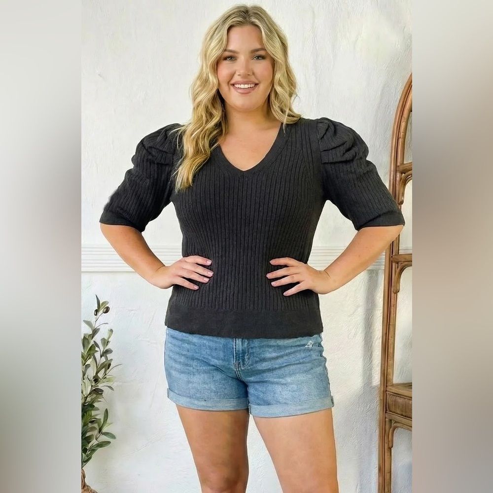 V-Neck Puff Sleeve Rib Knit Top - Black